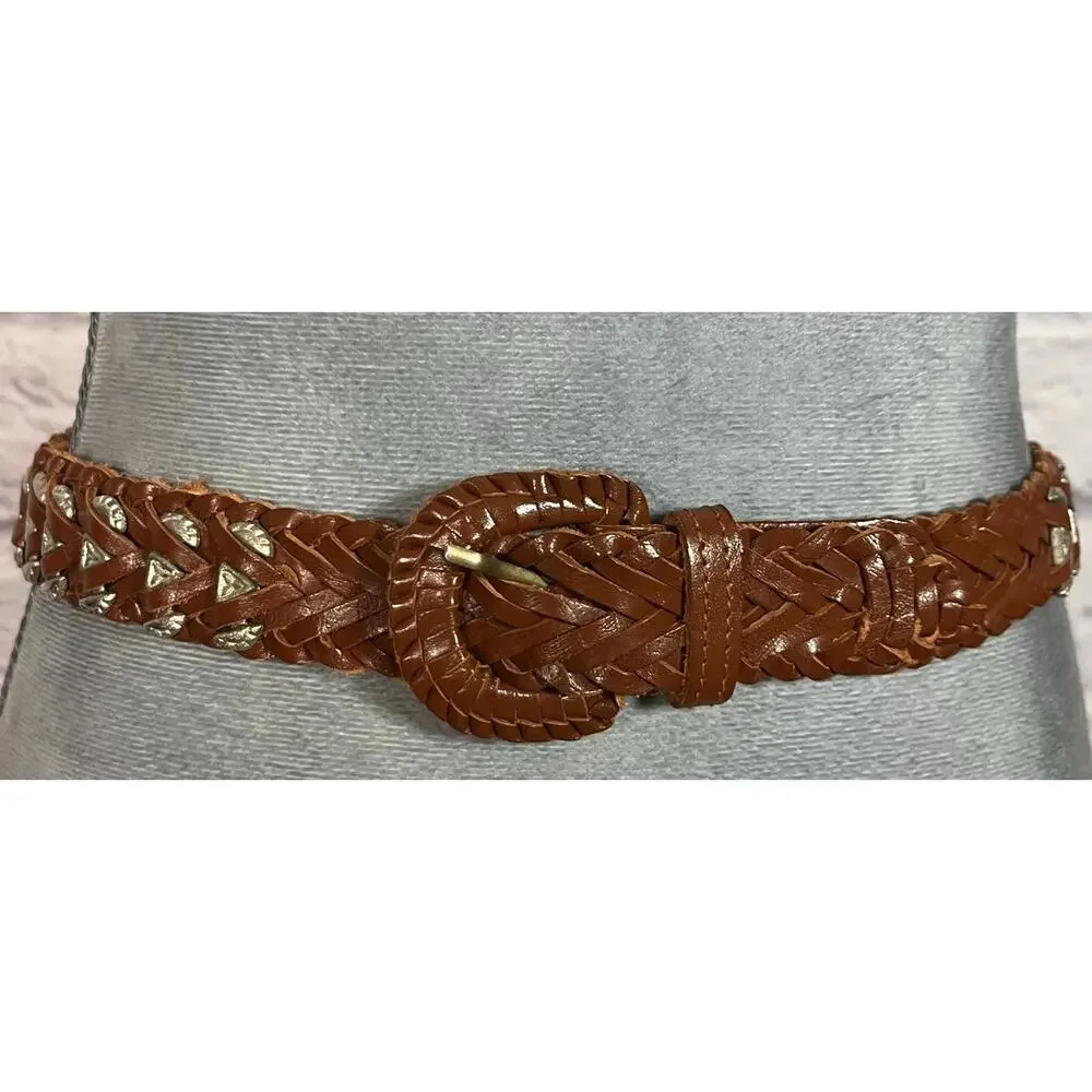 Unique Vintage Boho 90s Braided Leather Belt w/ Silver Metal Decorative Inserts